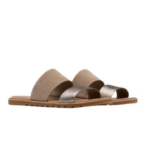 Sorel Ella II Slide Sandals Women’s Two Strap Leather Tan & Metallic Size 8